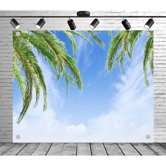 12x10ft Tropical Palm Backdrop–Palm Leaves, Blue Sky & Soft Clouds Banner for Summer Party, Photo Booth, Outdoor Shoot or Vacation Event, Wedding Photoshoot