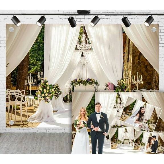 12x10ft White Gauze Wedding Backdrop,White Gauze Crystal Lamps Floral Arch French Court Style Background for Wedding Photoshoots Wedding Arrangement Photography Props