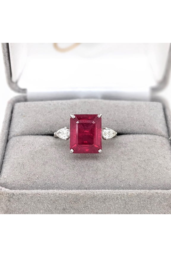 12x10mm Lab Red Ruby, Emerald Cut, Halo Statement Ring, 6A Quality Cubic Zirconia Accented, Made to Order, Sterling Silver
