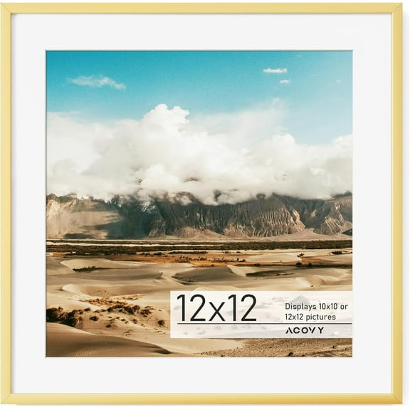 12x12 Aluminum Picture Frame with White Color Mat for 10x10, HD Tempered Glass, Metal Poster Frame Photo Frame for Wall Display (Gold, Pack of 1)