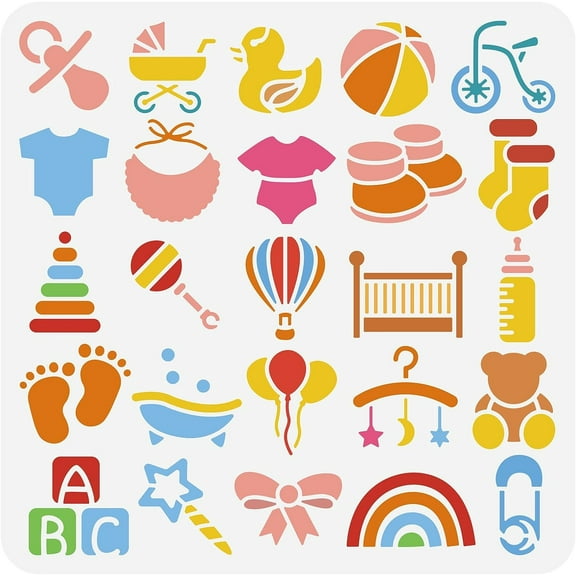 12x12" Baby Shower Themed Painting Stencil Balloon Wooden Horse Bear Baby Carriage Pattern Decoration Template Drawing Stencil for Painting on Scrapbook Fabric Floor Furniture colorful DIY