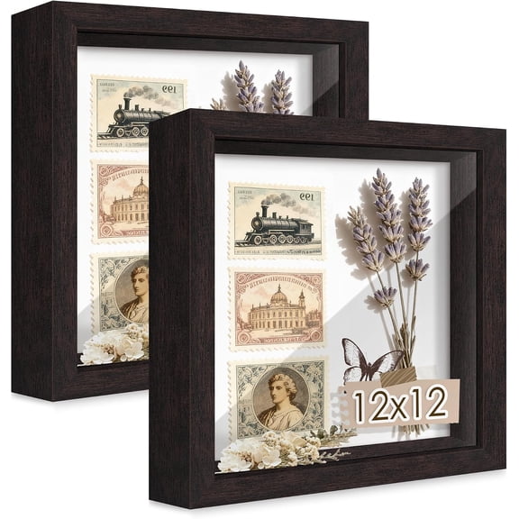 12x12 Brown Wooden Shadow Box Frame, Tempered Glass, 2 Pack | Black Backboard, Tabletop & Vertical/Horizontal Wall Display, Memorabilia Display, Wedding/Baby Keepsakes & Crafts