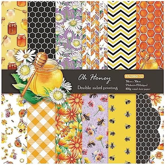 12x12 Double Sided Scrapbook Paper Pad - Yellow Black Honeycomb Bee Pattern Origami Pack for DIY Arts Craft Wrapping Gift Card Photo Album Holiday Scrapbooking Supplies