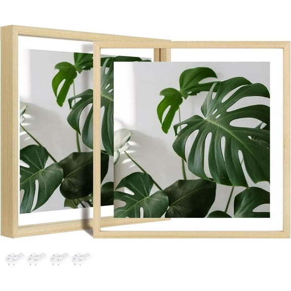 12x12 Floating Frames Set of 2, Double Plexiglass Picture Frame, Made of Solid Wood Display Any Size Photo up to 12x12, Wall Mount or Tabletop Standing,Natural Wood