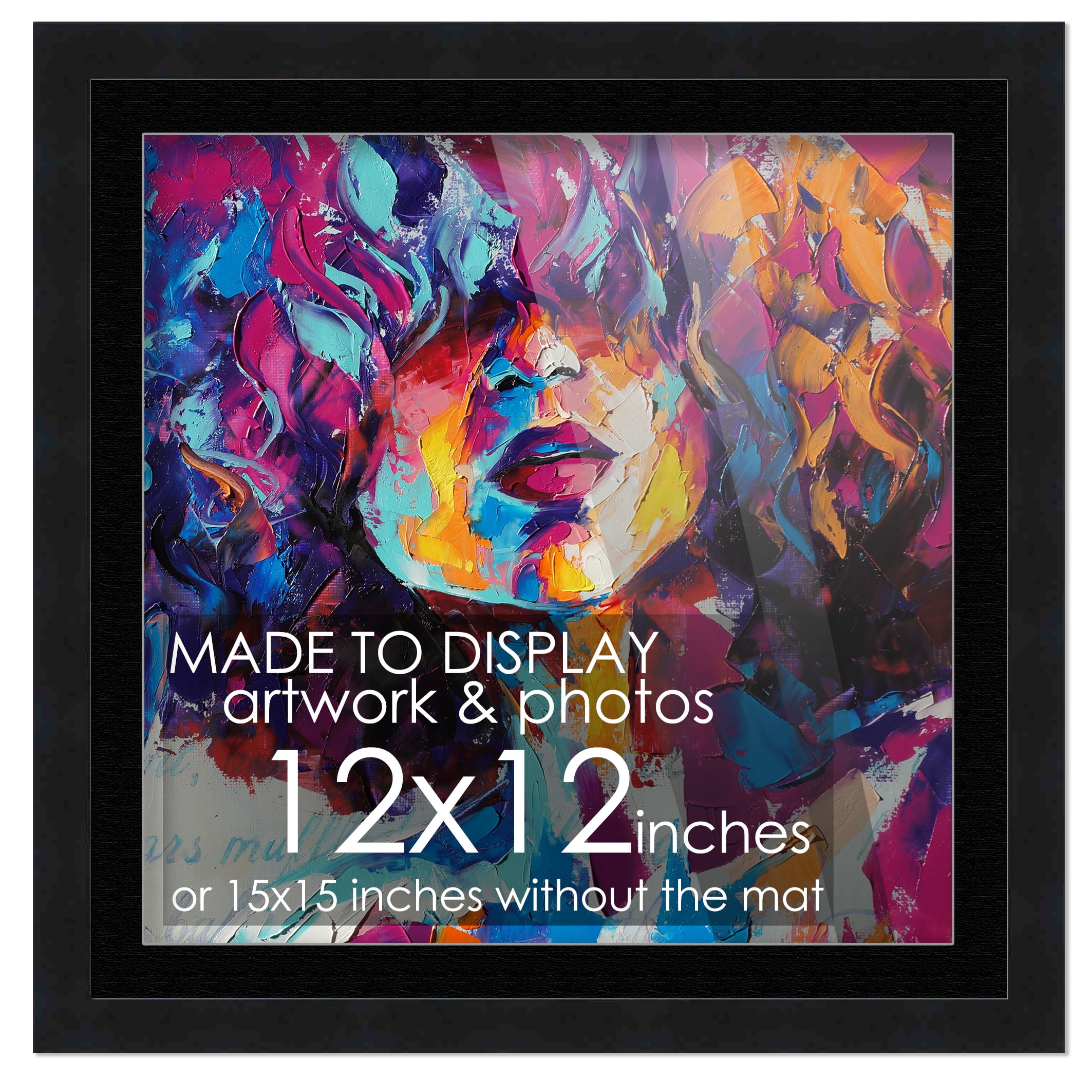 12x12 Frame Black Matted for 12x12 Picture or 15x15 Art Poster Without Photo Mat - Display Your 12