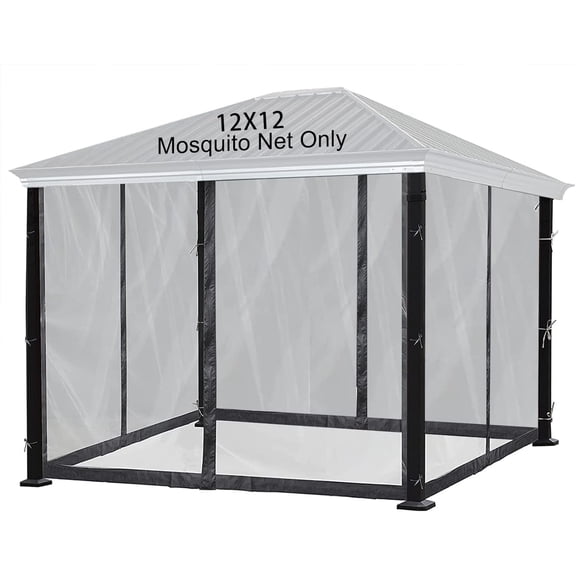12x12 Gazebo Mosquito Netting, Universal Replacement 4-Panel Mesh Screen Walls with Double Zippers for Patio, Garden, Deck and Backyard Canopy, Fit Most 12' x 12' Gazebos (Net Only, Black)