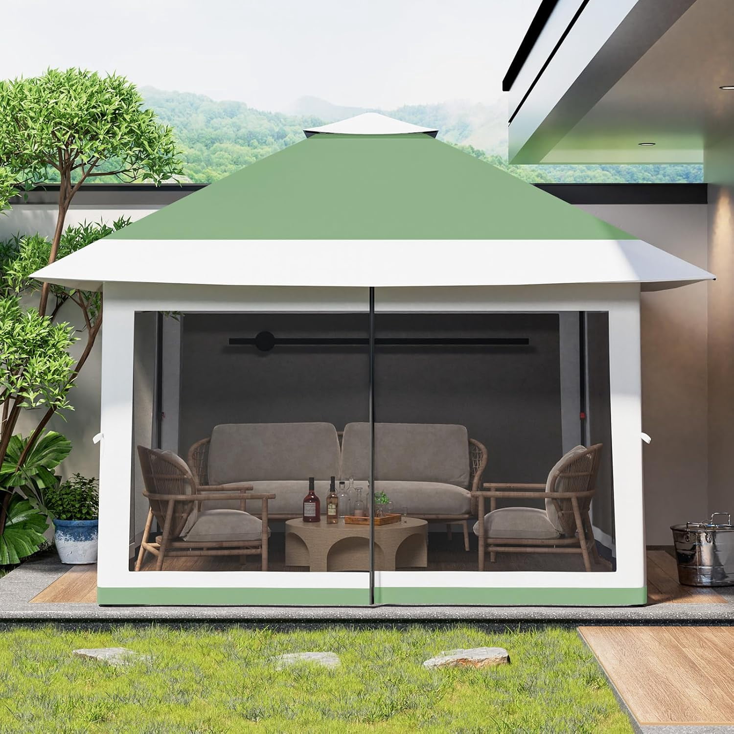 12x12 Gazebo,Outdoor Canopy Tent,Outdoor Gazebo with 4 Sandbags,Double Tiers,Screened Shelter with Netting for Patio Garden Backyard Party Camping