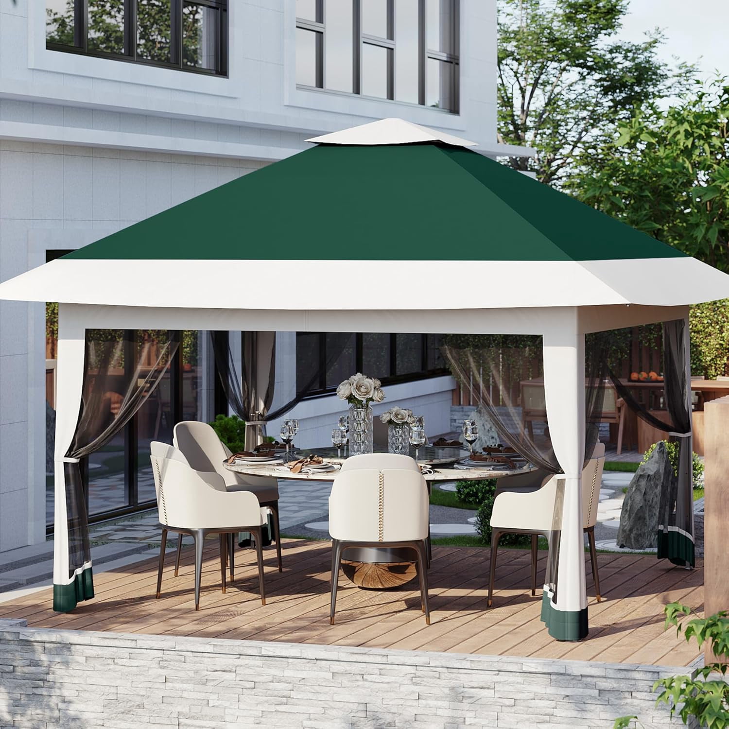 12x12 Gazebo,Outdoor Canopy Tent,Outdoor Gazebo with 4 Sandbags,Double Tiers,Screened Shelter with Netting for Patio Garden Backyard Party Camping
