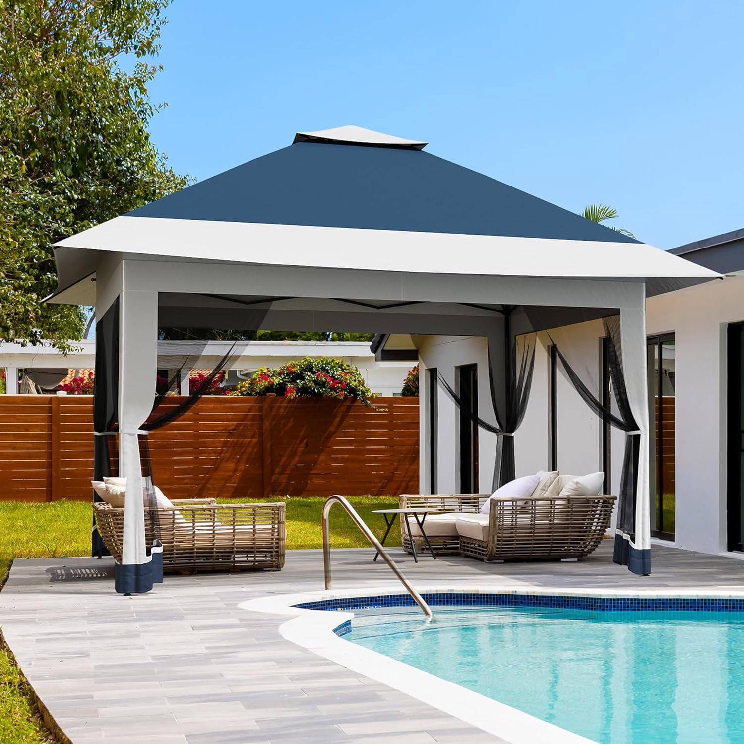 12x12 Gazebo,Outdoor Canopy Tent,Outdoor Gazebo with 4 Sandbags,Double Tiers,Screened Shelter with Netting for Patio Garden Backyard Party Camping