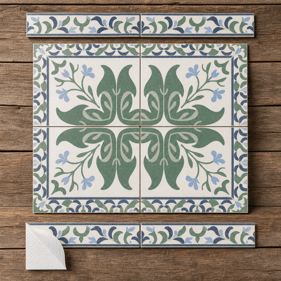 12x12 Inch Blue and Green Floral Peel Stick Vinyl Floor Tiles