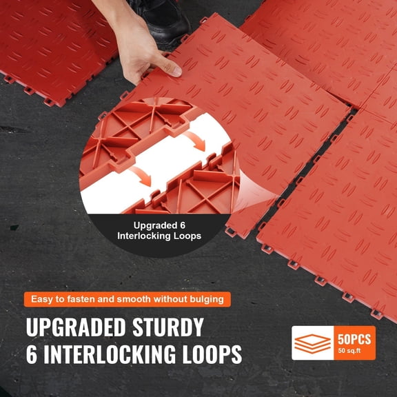 12x12 Inch Garage Flooring Tiles, Interlocking & Non-Slip  50-Pack Red PVC Tiles for Garages, Basements, Auto Shops  Durable & Waterproof