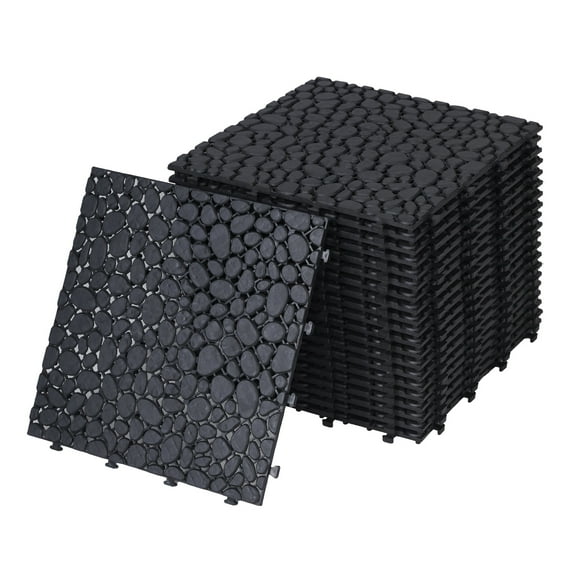 12x12 Inch Interlocking Deck Tiles, 12pcs Plastic Waterproof Patio Deck Tiles, Black Pebble Stone Pattern Outdoor Flooring Deck Tiles for Bathroom Shower Balcony Porch, Max 440 Lbs