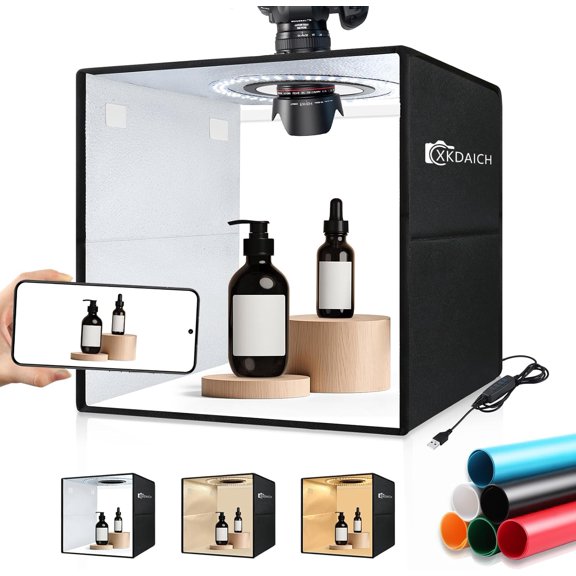 12x12 Inch Portable Folding Photo Studio Box with Dimmable Ring Light, 3 Color Temperatures & 6 Backdrops for Product Photography, YouTube Videos, Smartphone