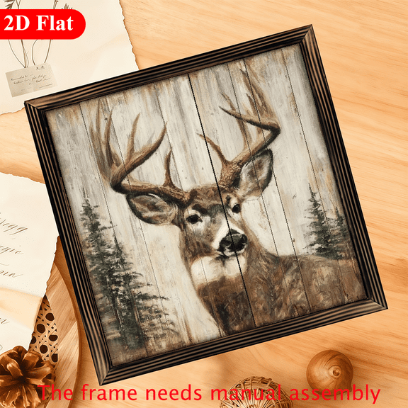 12x12 Inch Rustic Brown Deer Wall Art with Antlers - Vintage Framed Forest Scene in Wooden FrameSquare Board for FarmhouseChristmasCabinPorch