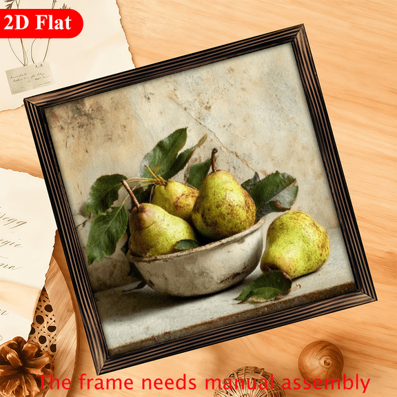 12x12 Inch Rustic Wood Framed Vintage Still Life Pear Bowl Art Print - Handcrafted-Look Farmhouse Kitchen Wall Decor, Pear Bowl for IndoorOutdoor Use, Timeless Tabletop or Hanging Decoration,
