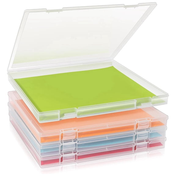 12x12 Inch Scrapbook Paper Storage, 4 Pack Plastic File Storage Box Set, Craft Organizers Box for Paper Files, Photo