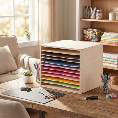 12x12 Inch Scrapbook Paper Storage Organizer Construction Paper Storage 12 Slot Desktop File Sorter Scrapbook Holder Wood Document Letter Tray for Home Classroom Office School Supplies$$Office