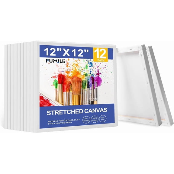 12x12 Inch Square Stretched Canvas Pack 12 Count Primed White Blank Canvas for Oil and Acrylic Painting