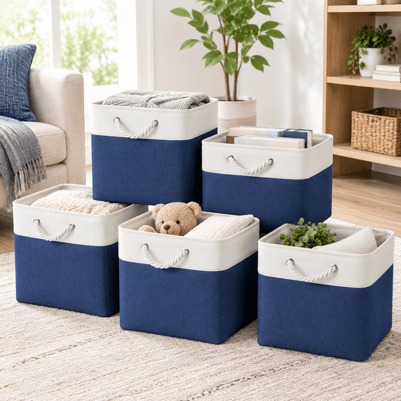 12x12 Inch White Blue Fabric Cube Storage Bin with Rope Handles 6-pack