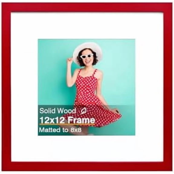 12x12 Picture Frame, Red Square Solid Wood Frame for Pictures 8x8 with Mat or 12x12 without Mat, Wall Display Photo Frame Red Photo Frame 1 Pack