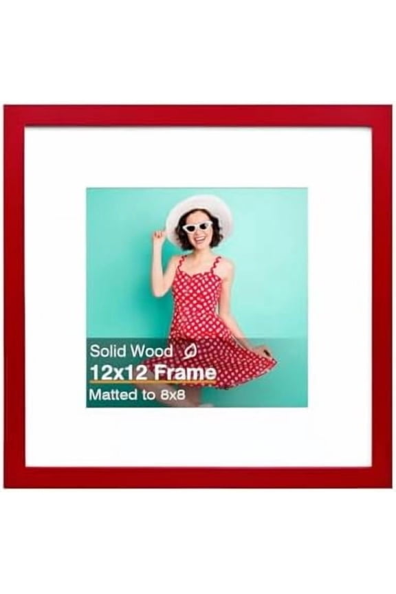 12x12 Picture Frame, Red Square Solid Wood Frame for Pictures 8x8 with Mat or 12x12 without Mat, Wall Display Photo Frame Red Photo Frame 1 Pack