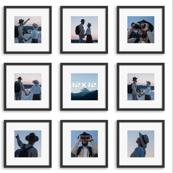 12x12 Picture Frame Sef of 10, Display Pictures 8x8 with Mat or 12 x 12 Without Mat, Photo Frame Collage for Wall Gallery Decor, Wall Mounted, Black