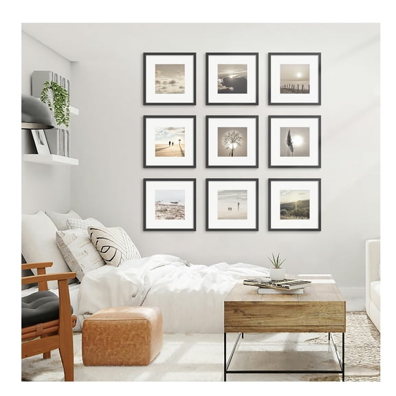 12x12 Picture Frame Set of 10, Multi-Size Photo Display Frame Collage, Showcase 8x8 Photos with Mat or 12x12 Pictures Without Mat, Wall Gallery Decor for Home, Office, Black