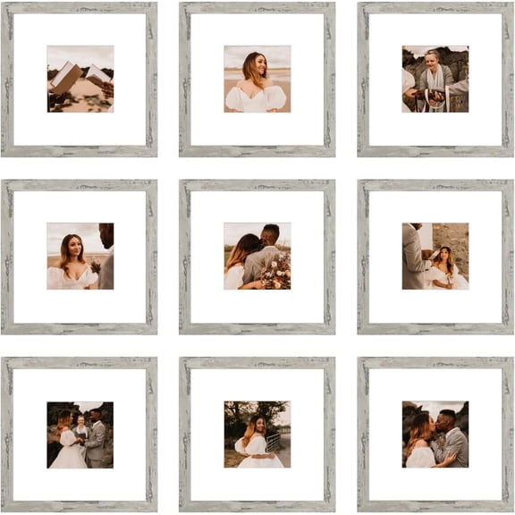 12x12 Picture Frame Set of 9, Display Pictures 8x8 with Mat or 12x12 without Mat, Multi Collage Gallery Square Photo Frames for Wall or Tabletop, Distressed Gray Distressed Gray,8x8