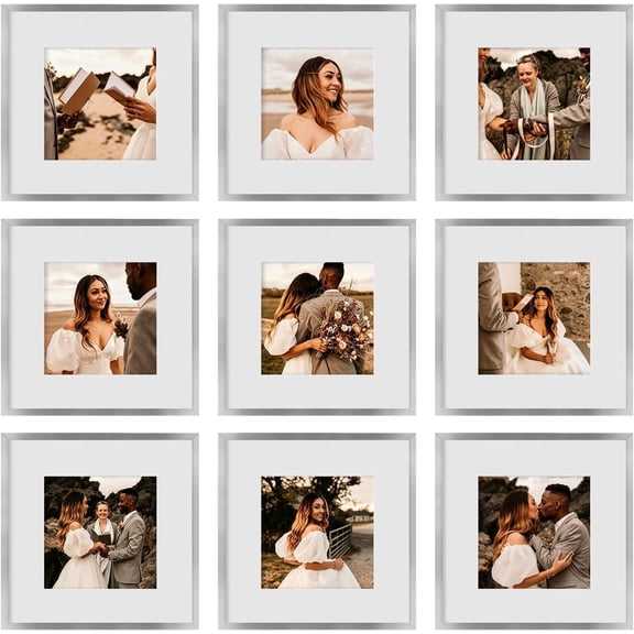 12x12 Picture Frame Set of 9, Display Pictures 8x8 with Mat or 12x12 without Mat, Multi Collage Gallery Square Photo Frames for Wall or Tabletop, Distressed Gray Silver,12x12