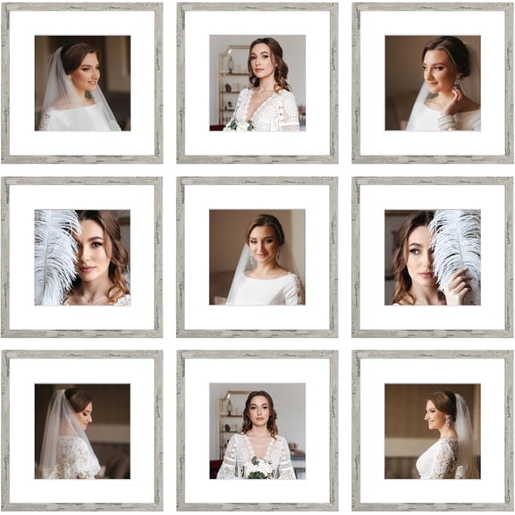 12x12 Picture Frame Set of 9, Display Pictures 8x8 with Mat or 12x12 without Mat, Multi Collage Gallery Square Photo Frames for Wall or Tabletop, Distressed Gray