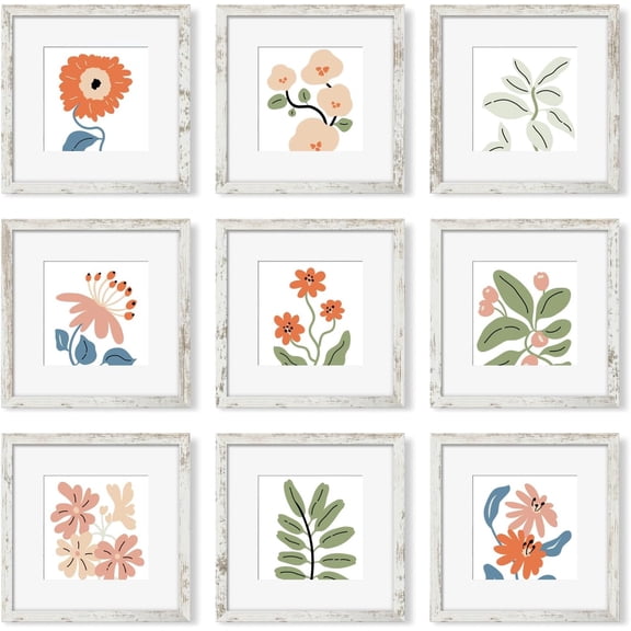 12x12 Picture Frame Set of 9, Photo Gallery Wall Frame Set, Display Pictures 8x8 with Mat or 12 x 12 Without Mat, Square Frame Picture Frames Collage Wall Decor, Distressed White