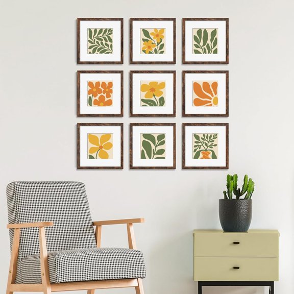 12x12 Picture Frame Set of 9, Photo Gallery Wall Frame Set, Display Pictures 8x8 with Mat or 12 x 12 Without Mat, Square Frame Picture Frames Collage Wall Decor, Rustic Brown
