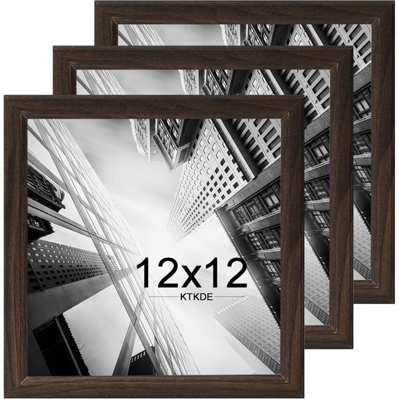 12x12 Picture Frame Set of 3, Walnut Wooden frames, Wall Hanging Display, Best Square Photo Frame Studio Gallery for Photos, Posters & Art Prints