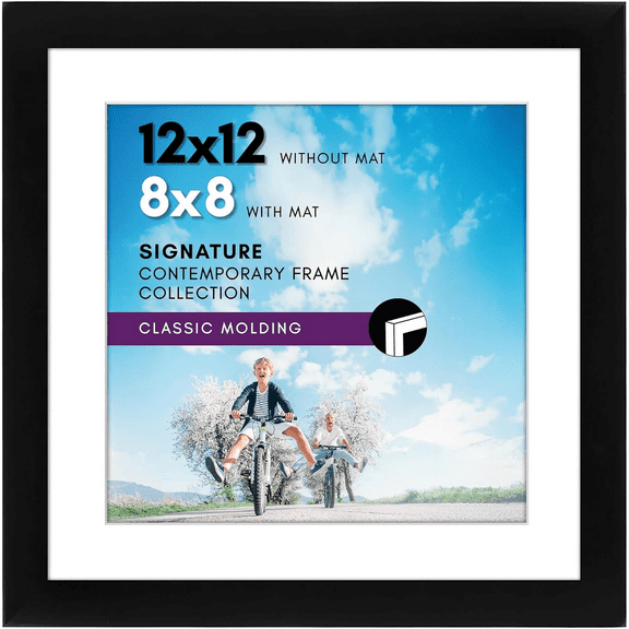 12x12 Picture Frame with Shatter-Resistant Glass - Use as 8x8 Frame with Mat or Display 12x12 Photo Without Mat - Signature Collection - Square Frames for Wall Display - Black