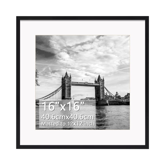 12x12 Picture Frame with Mat, 16x16 Photo Frame without Mat for Wall Mount or Tabletop, Black