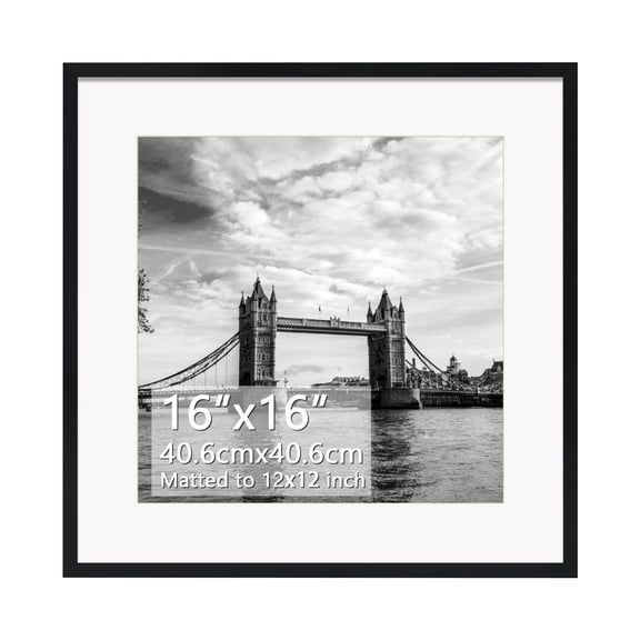 12x12 Picture Frame with Mat, 16x16 Photo Frame without Mat for Wall Mount or Tabletop, Black