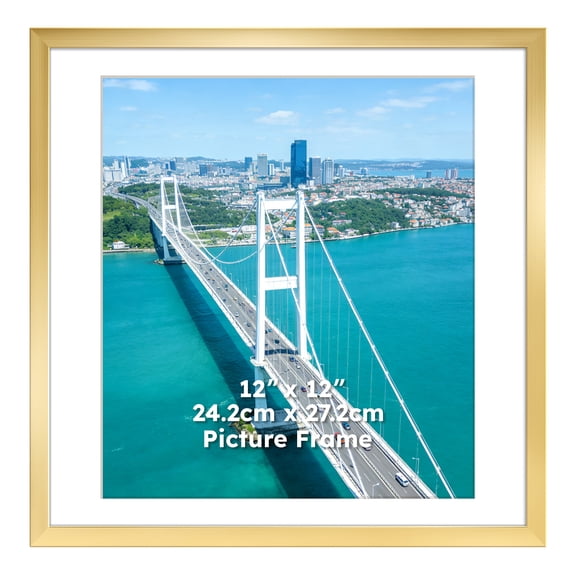 12x12 Picture Frame without Mat or 9.5x11 with Mat, Gold Square Frame for Wall or Tabletop