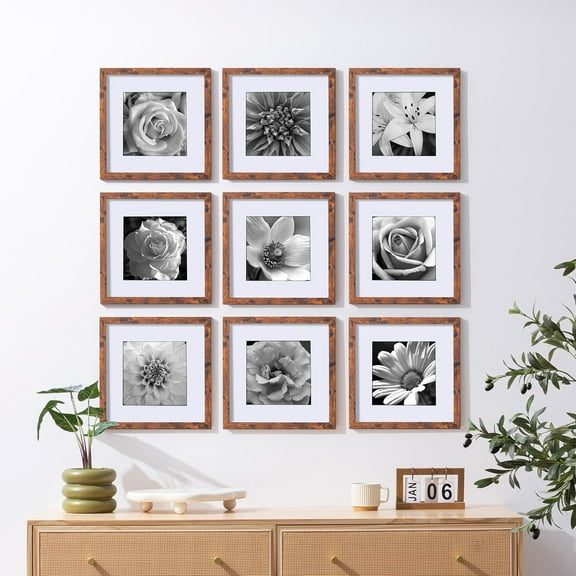 12x12 Picture Frames Set of 9 Classic Gallery Wall Frame Set Displays 8x8 Photo with Mat or 12x12 without Mat, Square Frames Farmhouse Wall Decor Rustic Brown Home Decor for Hanging