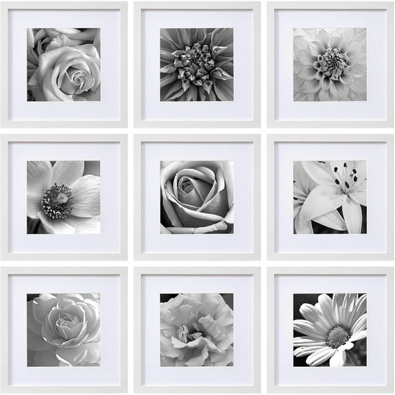 12x12 Picture Frames Set of 9 with Clear Acrylic Cover, Display 8x8 Photos with Mat or 12x12 Without, Classic and Sturdy Square Collage Gallery Wall Decor, Easy Wall Mount, White