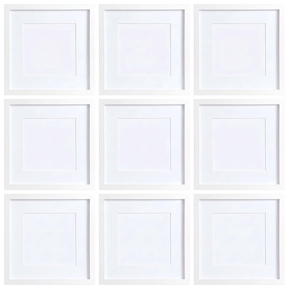 12x12 Picture Frames Set of 9, Display 8x8 Photos with Mat or 12x12 Without Mat, Classic Square Collage Gallery Wall Decor Kit, Easy Wall Mount, Ideal for Living Room Bedroom Office, White