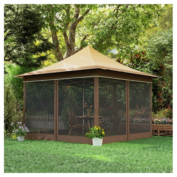 12x12 Pop Up Canopy Tent with Mesh Walls, UPF50+ Sun Shelter, Beige Patio Tent