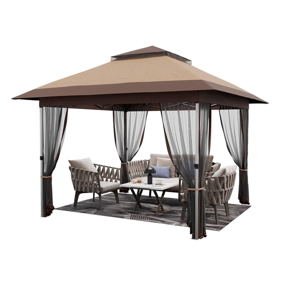 12x12 Pop-Up Gazebo.Canopy Tent. Gazebos on Clearance.Outdoor Gazebo for Backyard & Patio Furniture with 4 Sandbags & Wheeled Storage Bag.Brown