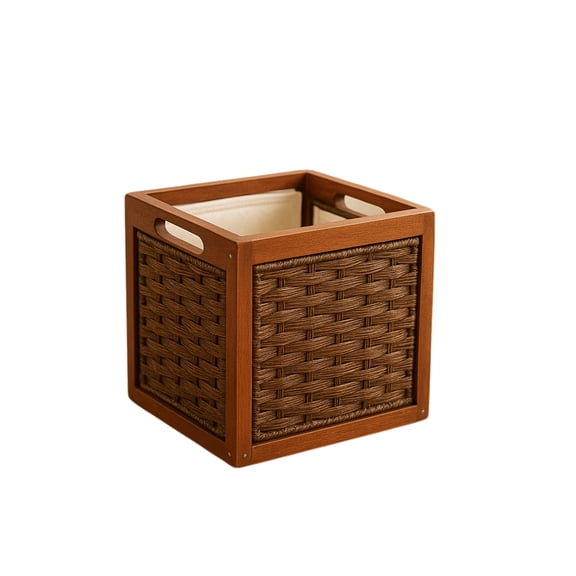 12x12 Rattan Storage Cube, Wooden Storage Basket Box with Handles, Walnut Square Organizer Bin for Shelves & Kallax