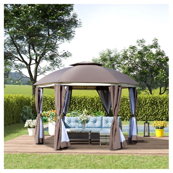 12x12 Round Outdoor Gazebo, Patio Canopy with Netting & Curtains, Steel Frame