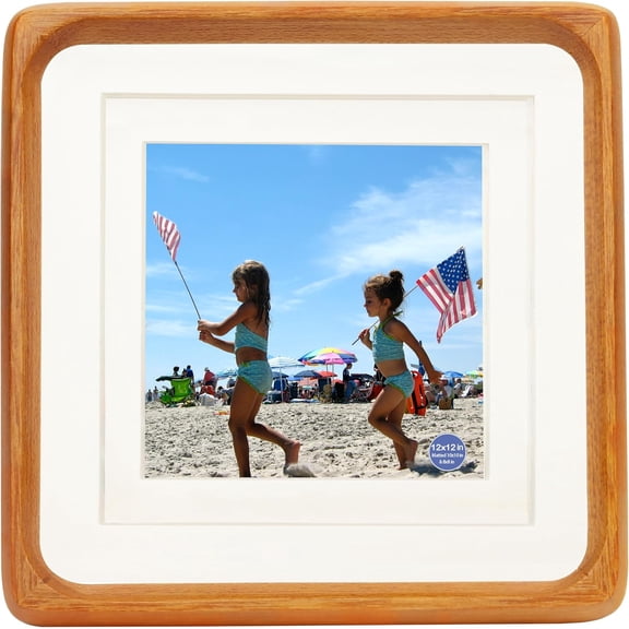 12x12 Square Picture Frames Teak Solid Wood with Real Glass Vertical Horizontal Standing Display Photos 8x8/10x10 with Mat or 12x12 Without Mat for Desk Tabletop Wall Mount Gallery Poster