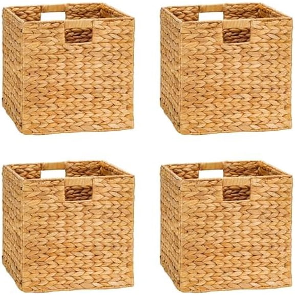 12x12 Storage Baskets, Handwoven Water Hyacinth Wicker Cube Bins for Shelves & Organizing, Foldable Decorative Storage with Handles, Set of 4$$Home Decor, Kitchen, & Other