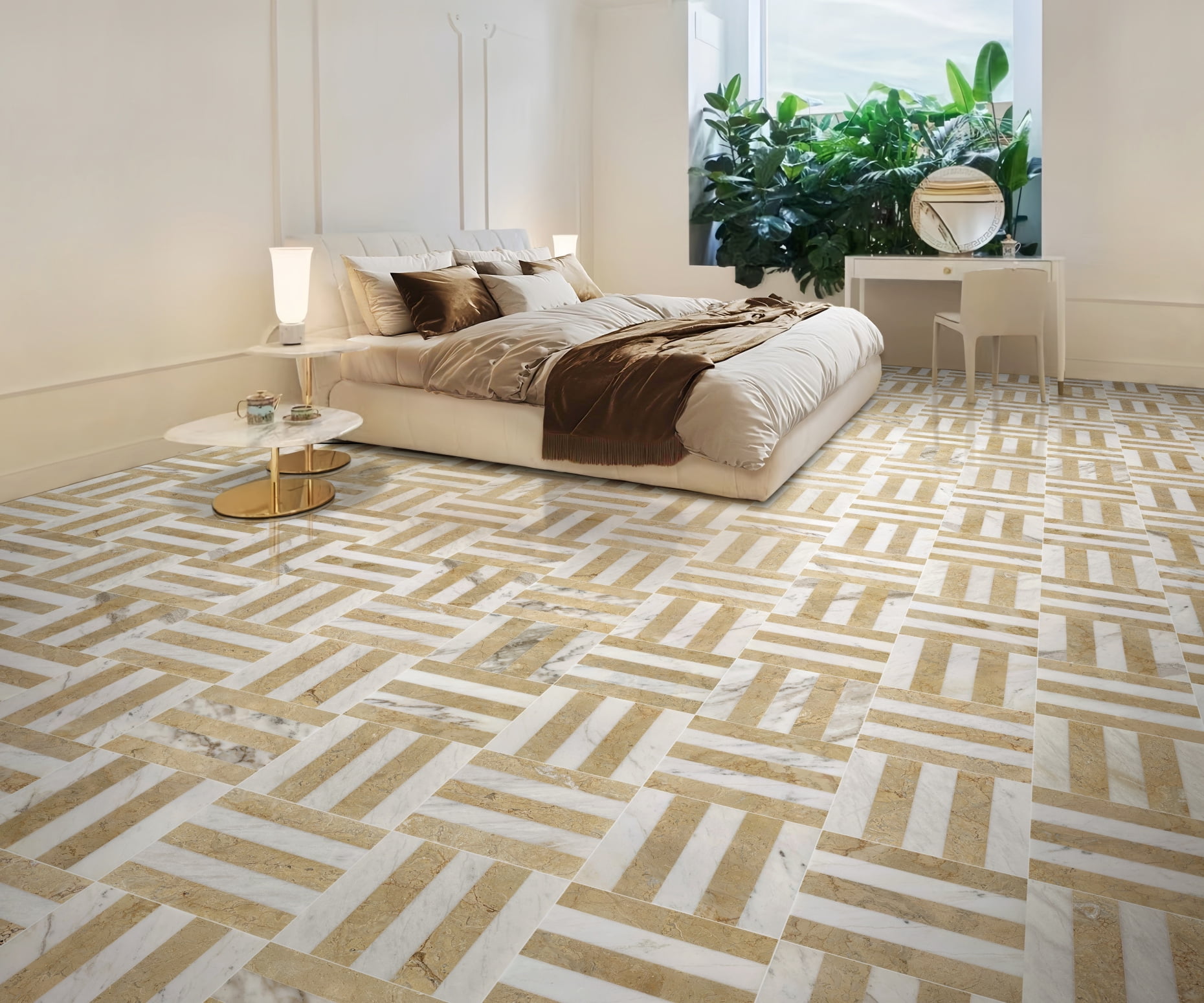 12x12 Waterjet Marble Tile - White Gold Natural Stone, Polished Floor & Wall Tiles with 4 Unique Patterns per Box