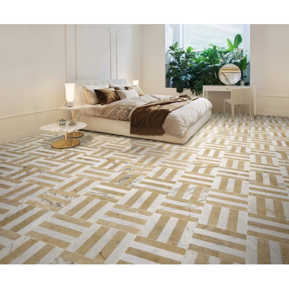 12x12 Waterjet Marble Tiles, White & Gold Natural Stone Floor and Wall Tiles, Polished Surface with Unique Patterns, 4-Piece Set per Design, Genuine Marble for Home & Commercial Use