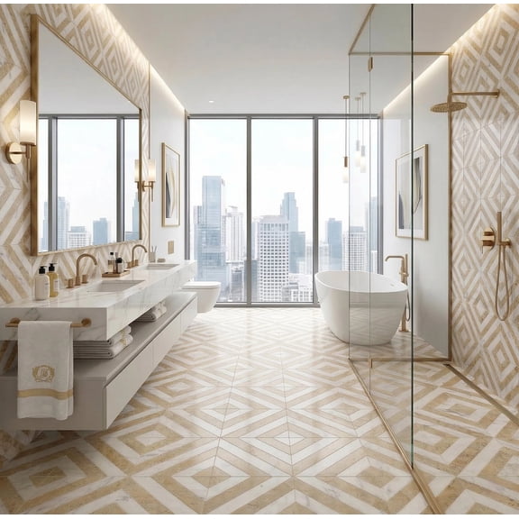 12x12 White Gold two color Waterjet marble tile for floor and wall, polished marble tile, natural marble, natural stone, genuine marble, real marble, 1 box 8 pcs