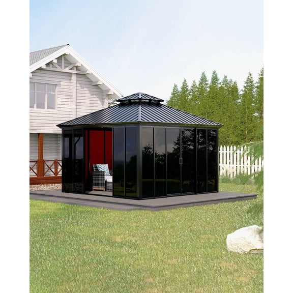 12x12 ft Outdoor Sunroom,Galvanized Steel Hardtop Enclose Gazebo Sloping Roof,All-Aluminum Alloy Screen Room with Sliding Doors for Patio, Backyard